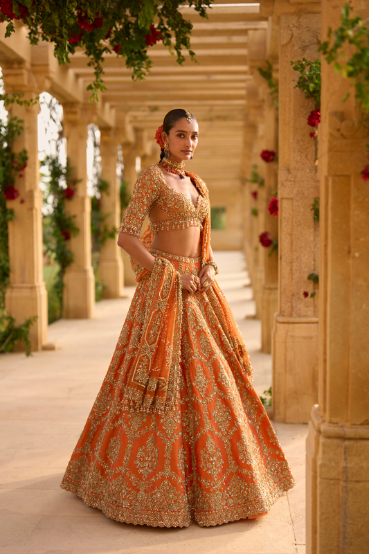Burnt Orange Zardosi Lehenga Set