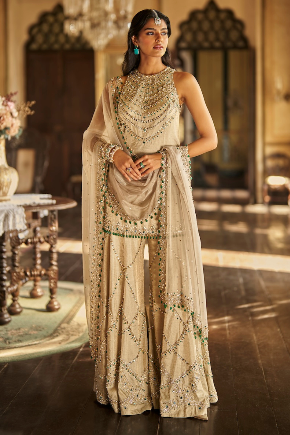 Champagne Emerald Crystal Sharara Set