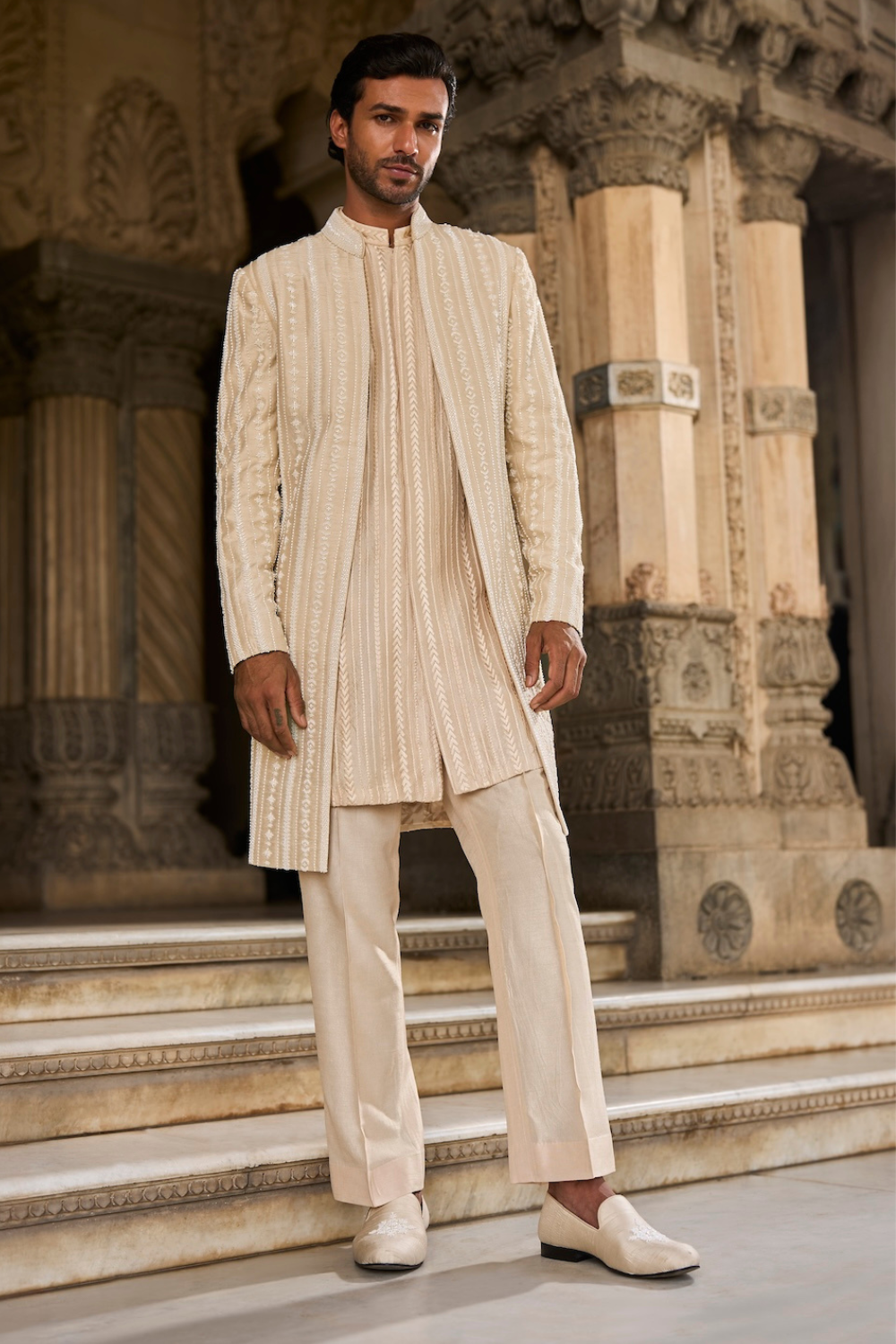 Beige Pearl Open Sherwani Set