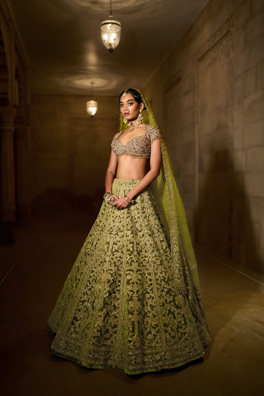 Green Velvet Zardosi Lehenga Set