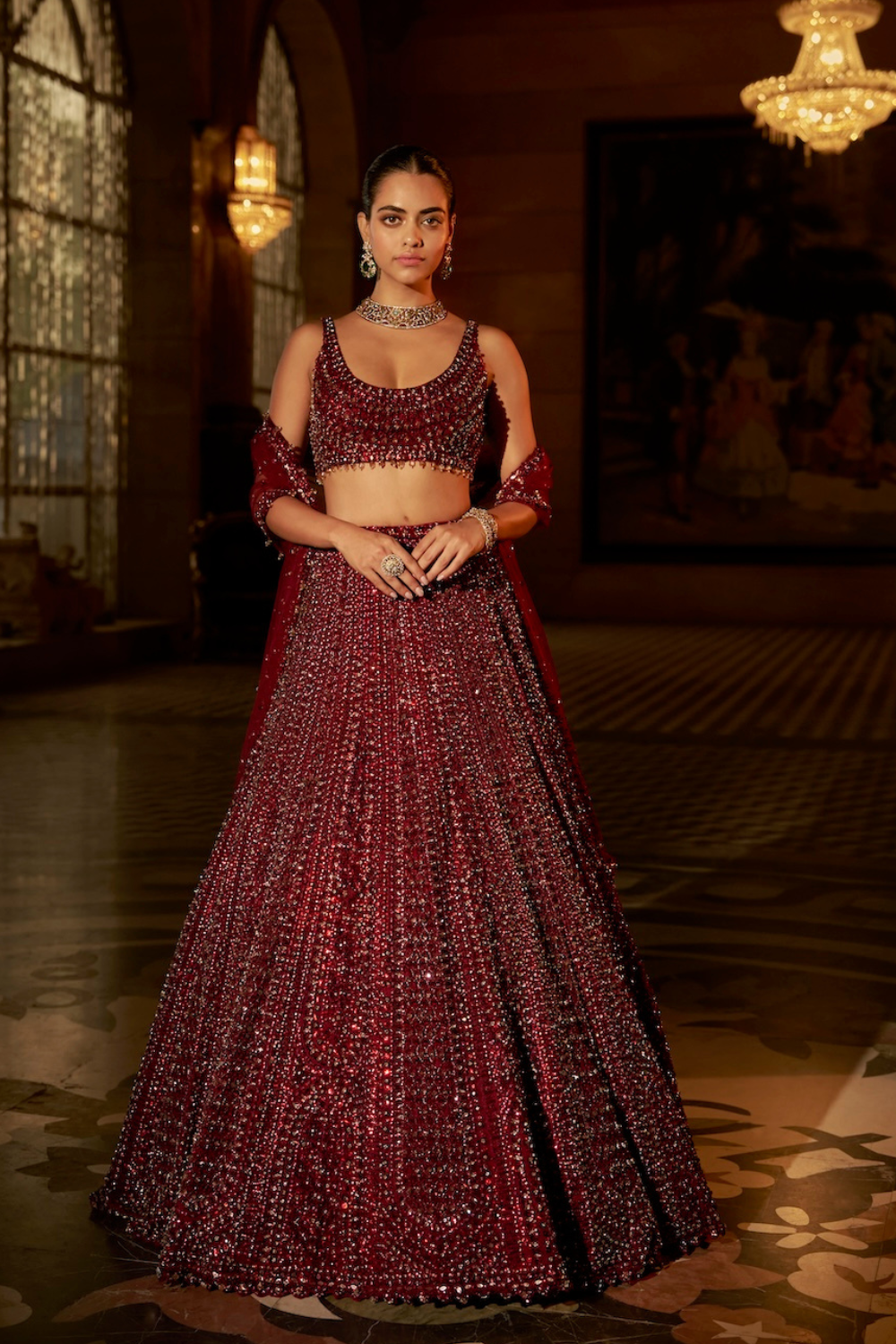 Maroon Sequin Lehenga Set