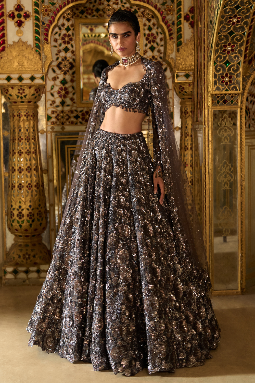 Charcoal Floral Sequin Lehenga Set