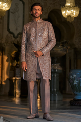 Stone Grey Mirror Work Sherwani Set