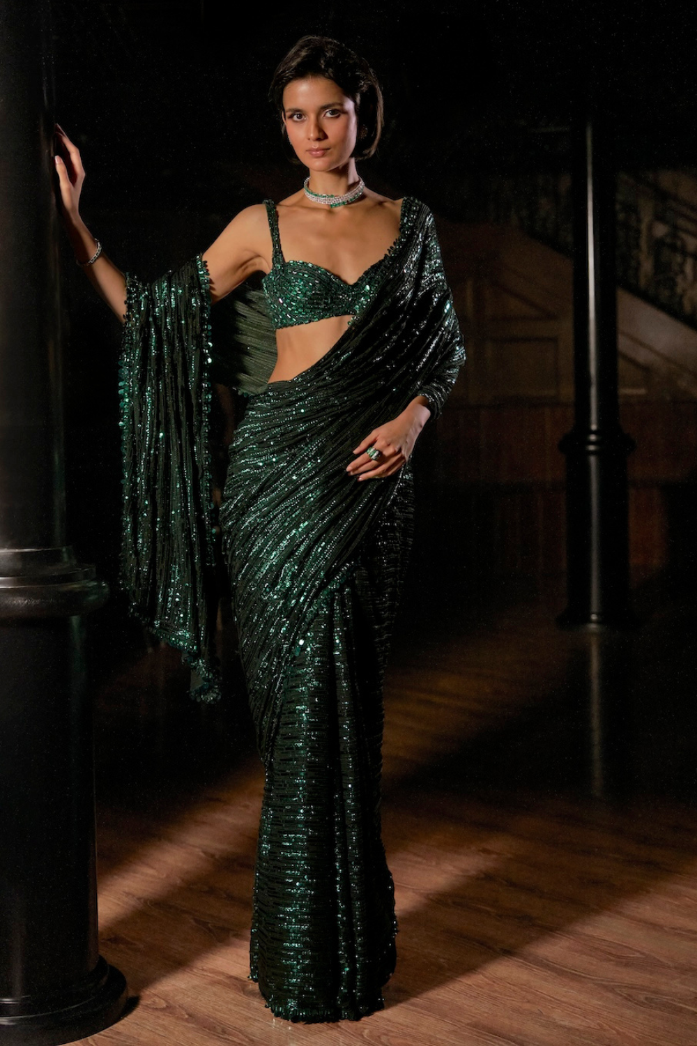 Emerald Green Sequin Georgette Saree