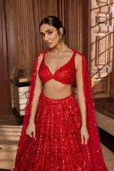 Red Floral Sequin Lehenga Set