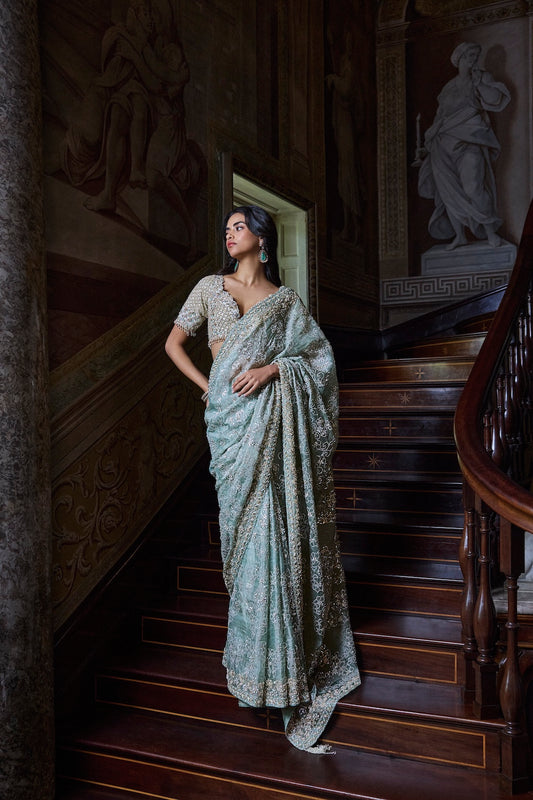 Ivory Sage Zardosi Saree