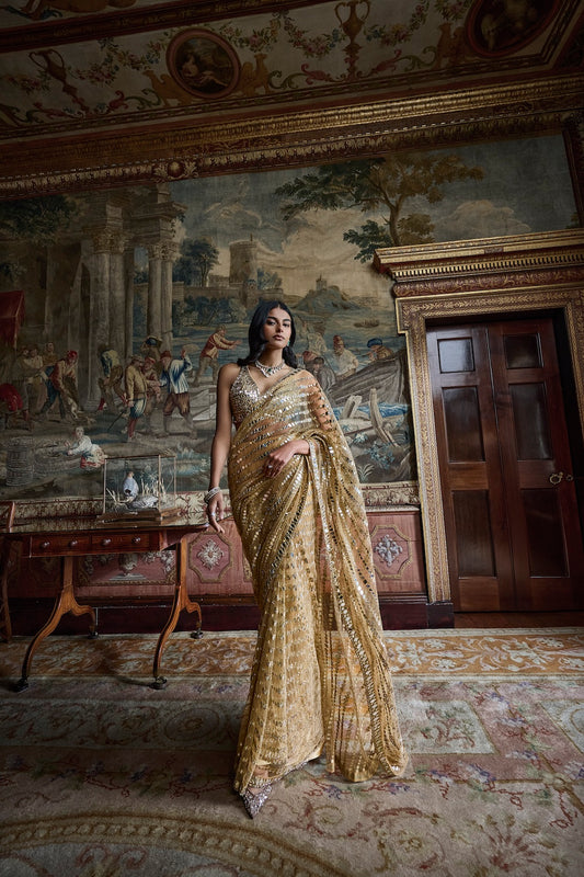 Gold Mirror Work Saree