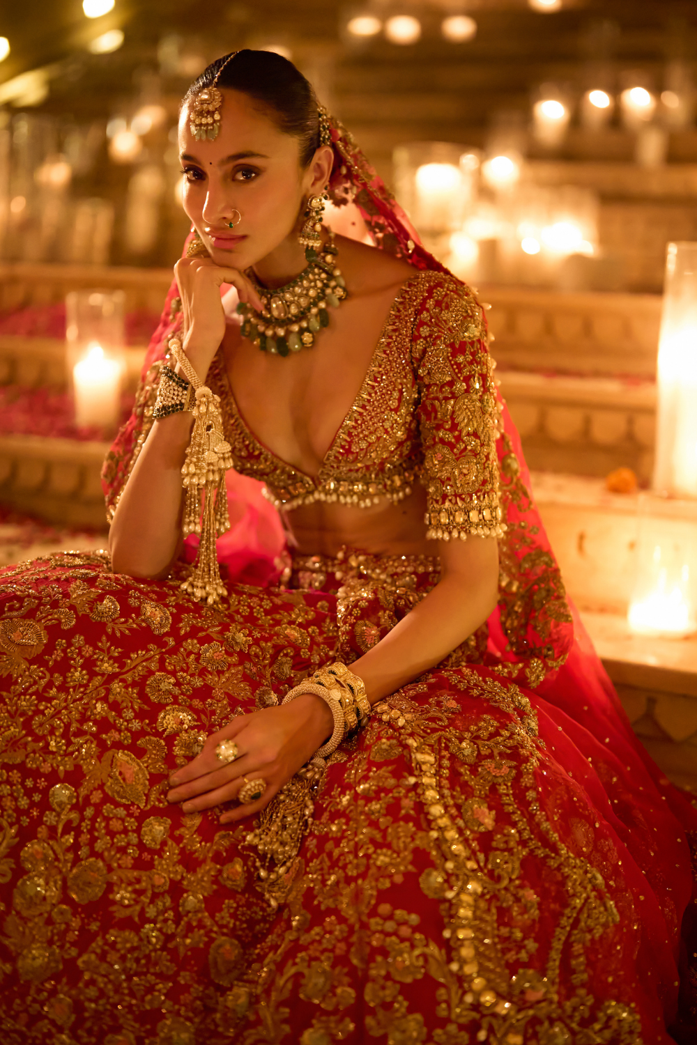 Red Zardosi Floral Lehenga Set