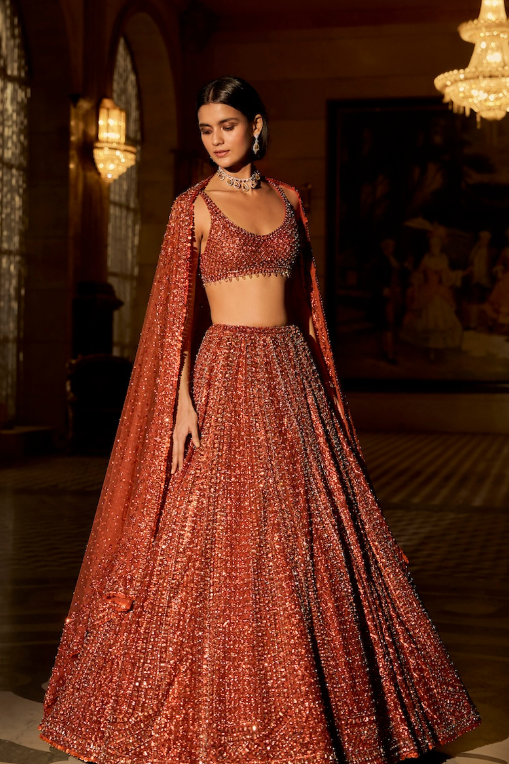 Copper Crystal Lehenga Set