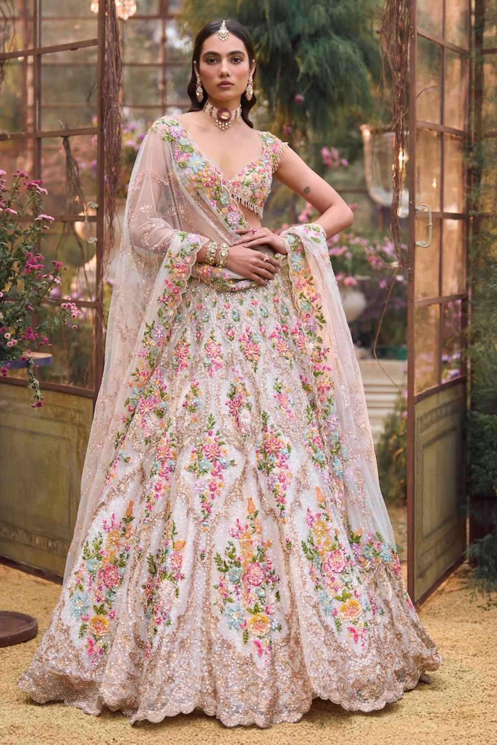 Cream Multi-Coloured Floral Lehenga Set