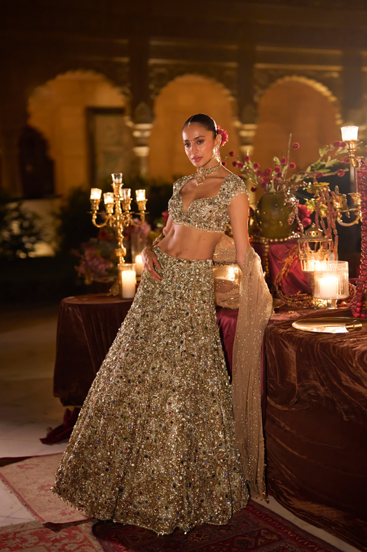 Antique Gold Jeweled Lehenga Set