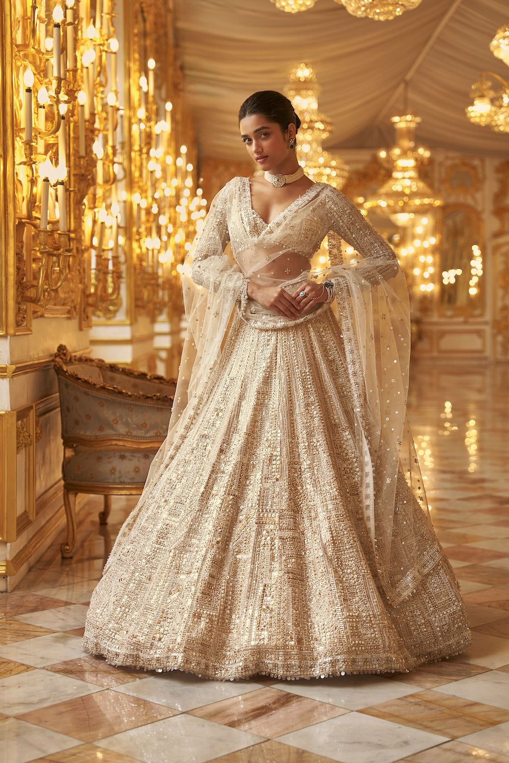 Ivory Gold Sequin Lehenga Set | Seema Gujral Xs / 44