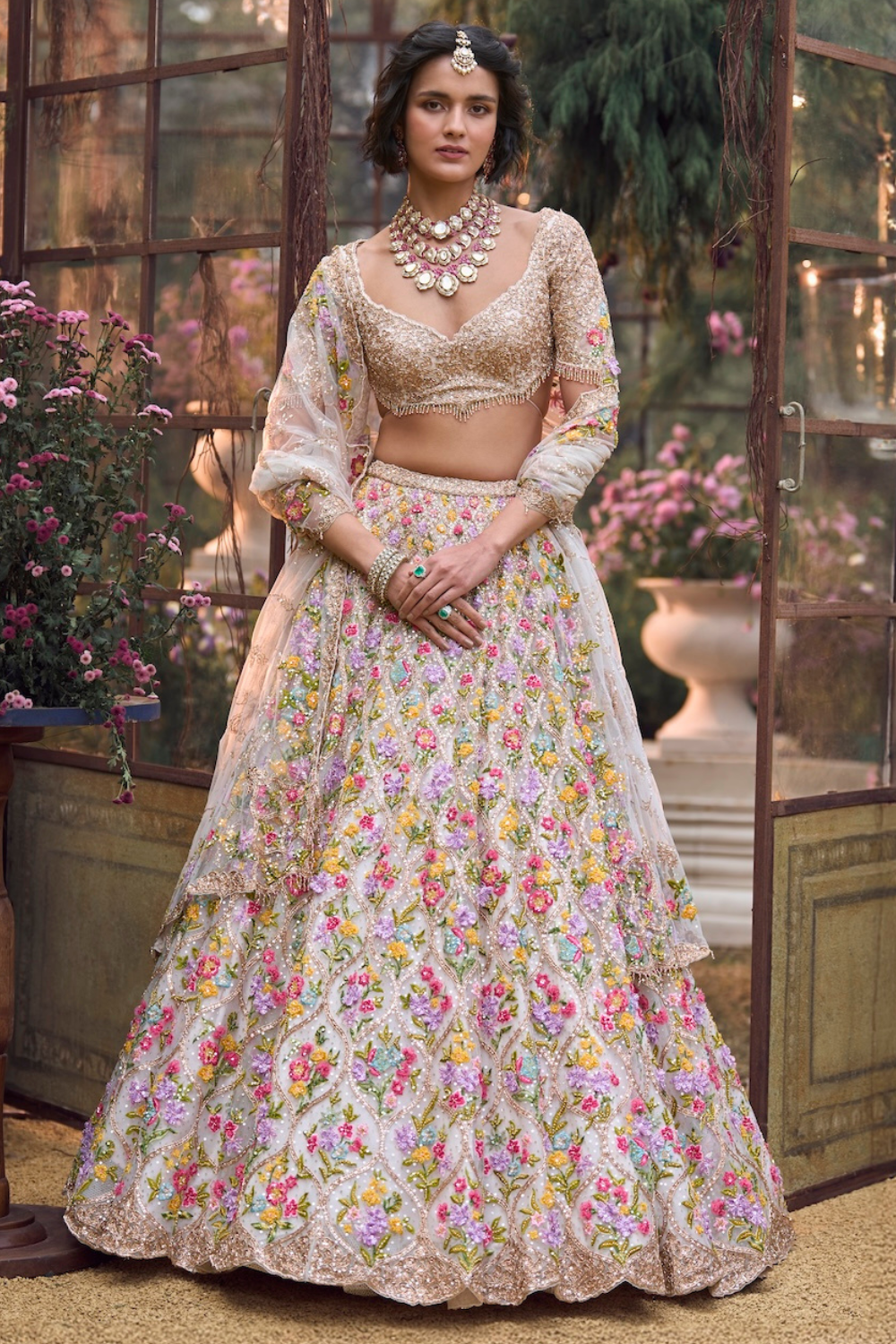 Rose Gold Multi-Coloured Floral Lehenga Set