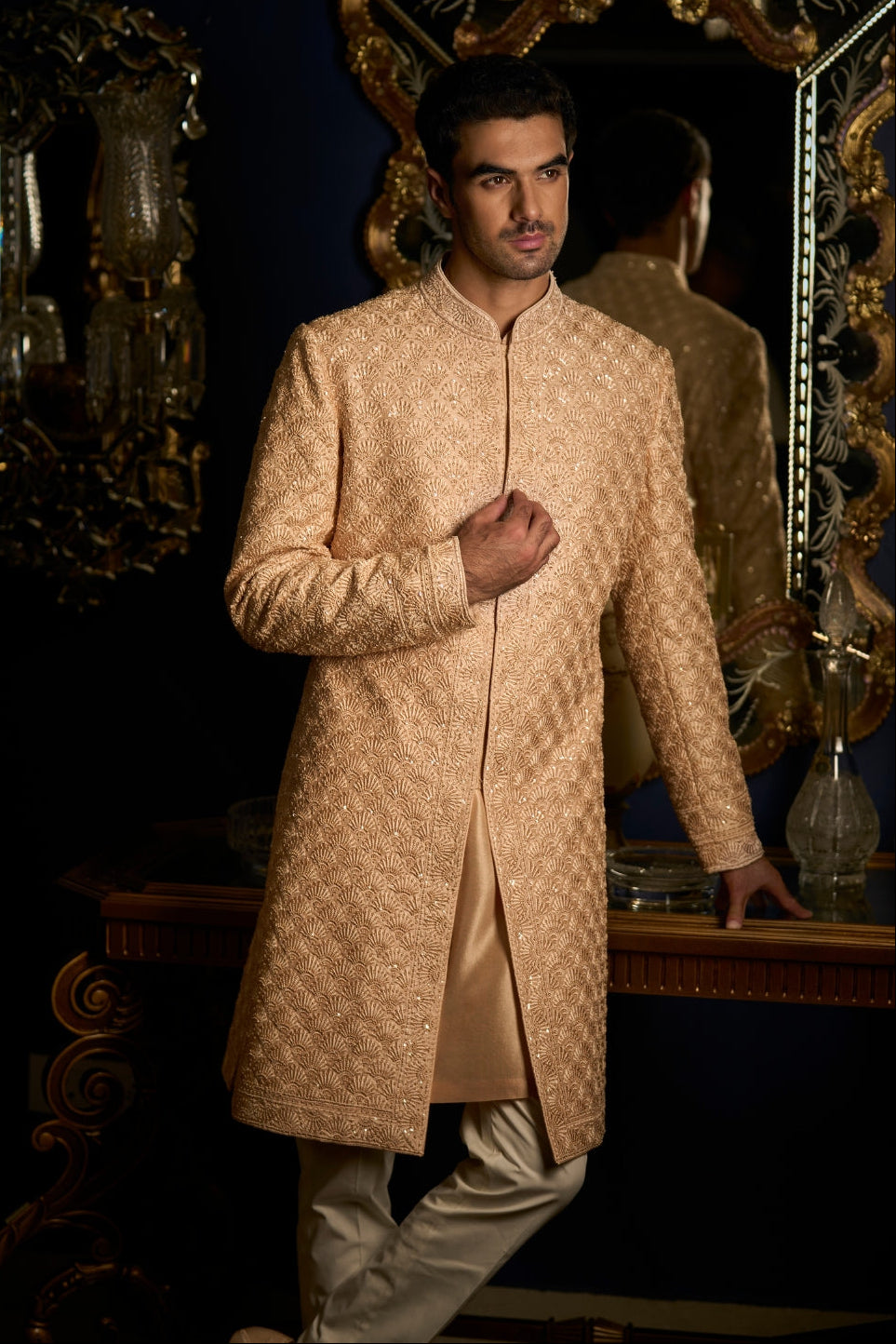 Peach Thread Sequin Sherwani Set