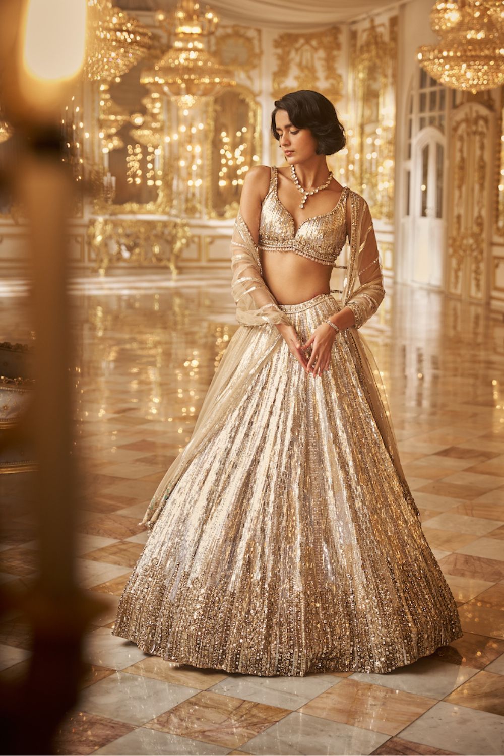 Silver And Gold Wedding Gown Silver Gold Crystal Lehenga Set
