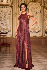 Maroon Sequin Halter Neck Gown