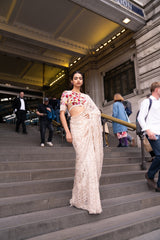 Beige Multi-Coloured Thread Work Saree