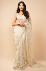 Nora Fatehi in Ivory Three-dimensional Saree