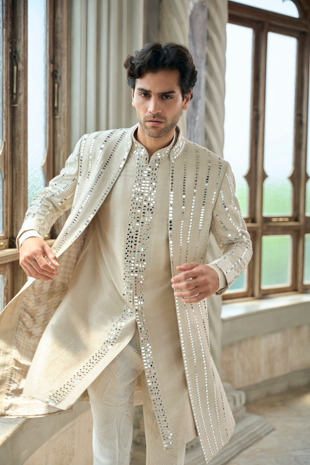 Beige Mirror Work Sherwani Set