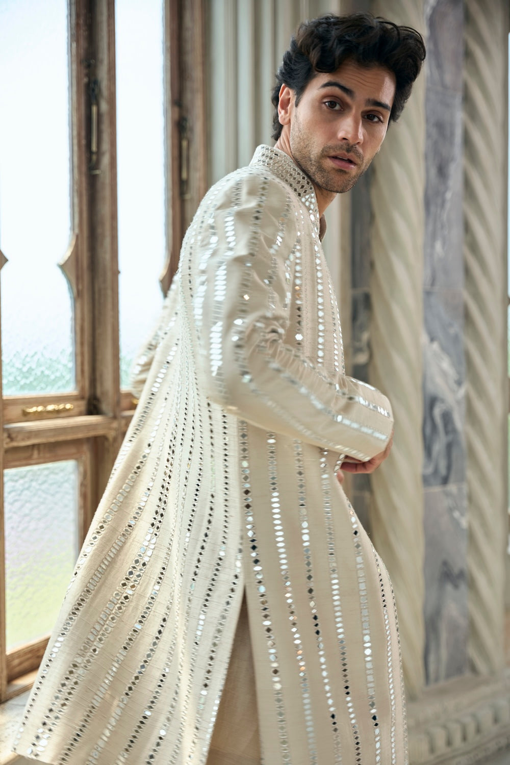 Beige Mirror Work Sherwani Set