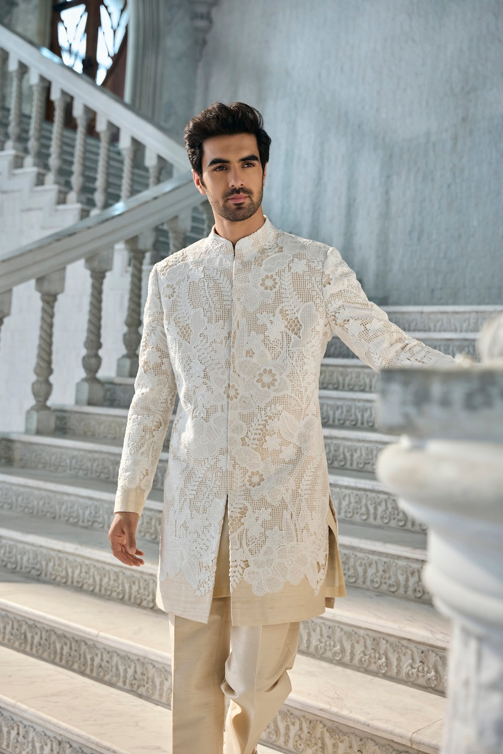 Nude Cut Work Sherwani Set