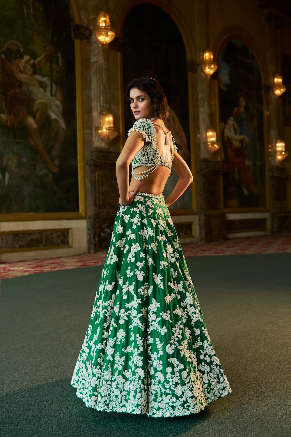 Green Thread Work Lehenga Set