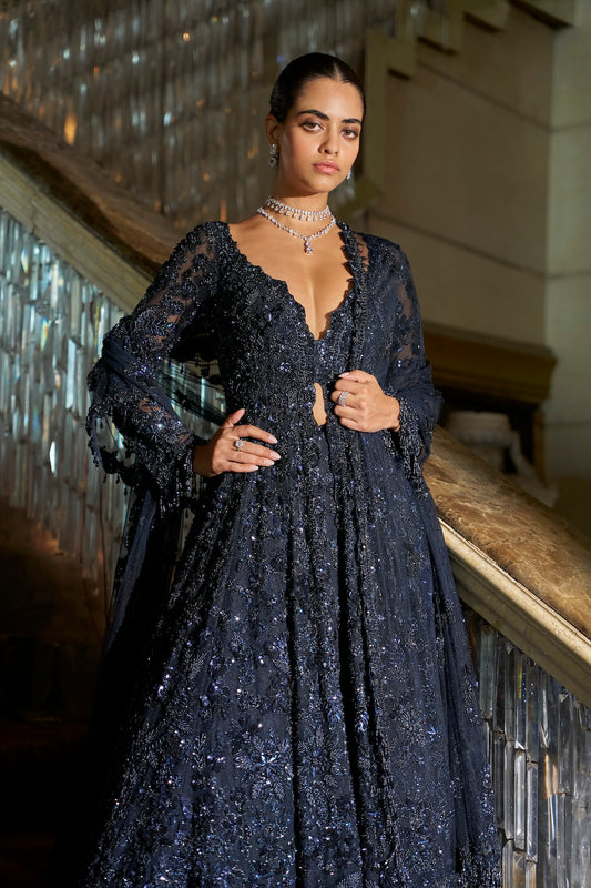Midnight Blue Jacket Lehenga Set