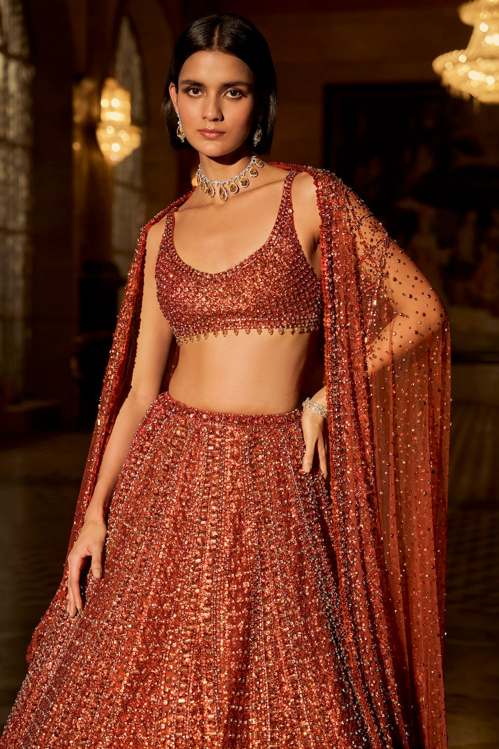Copper Crystal Lehenga Set