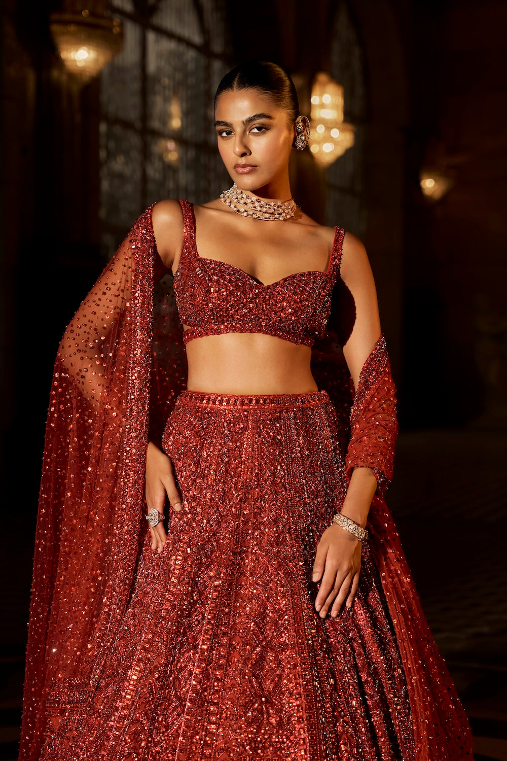 Brick Red Crystal Lehenga Set