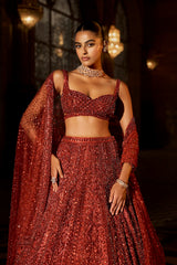 Brick Red Crystal Lehenga Set