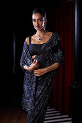 Midnight Blue Crystal Georgette Saree