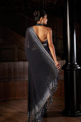 Navy Blue Crystal Georgette Saree