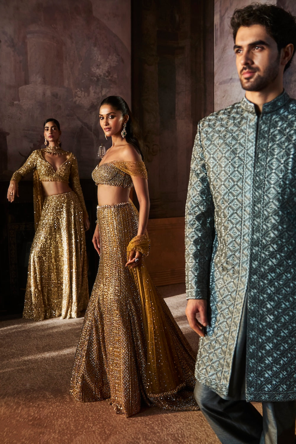 Charcoal Metallic Geometric Sherwani Set