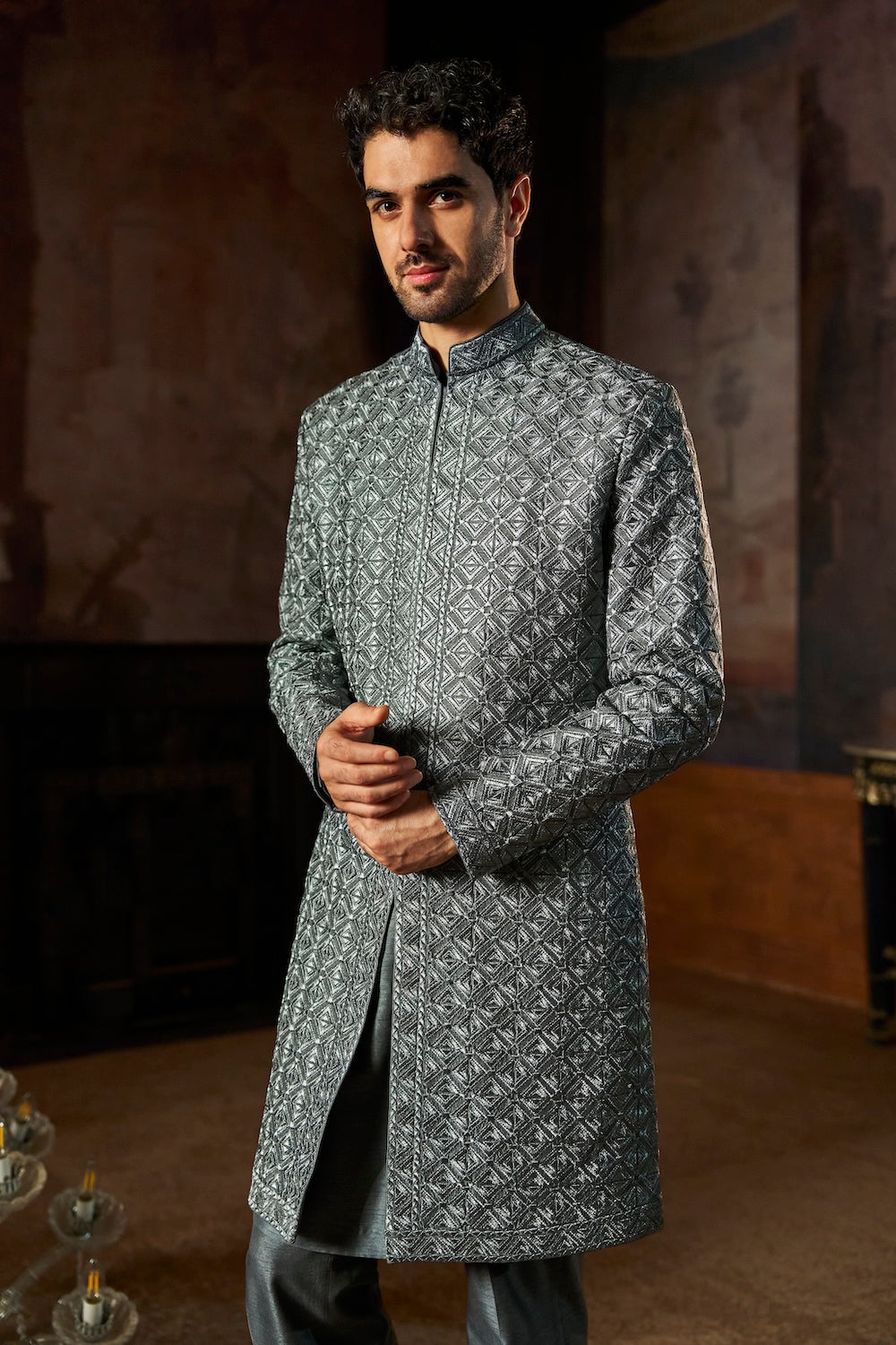 Charcoal Metallic Geometric Sherwani Set
