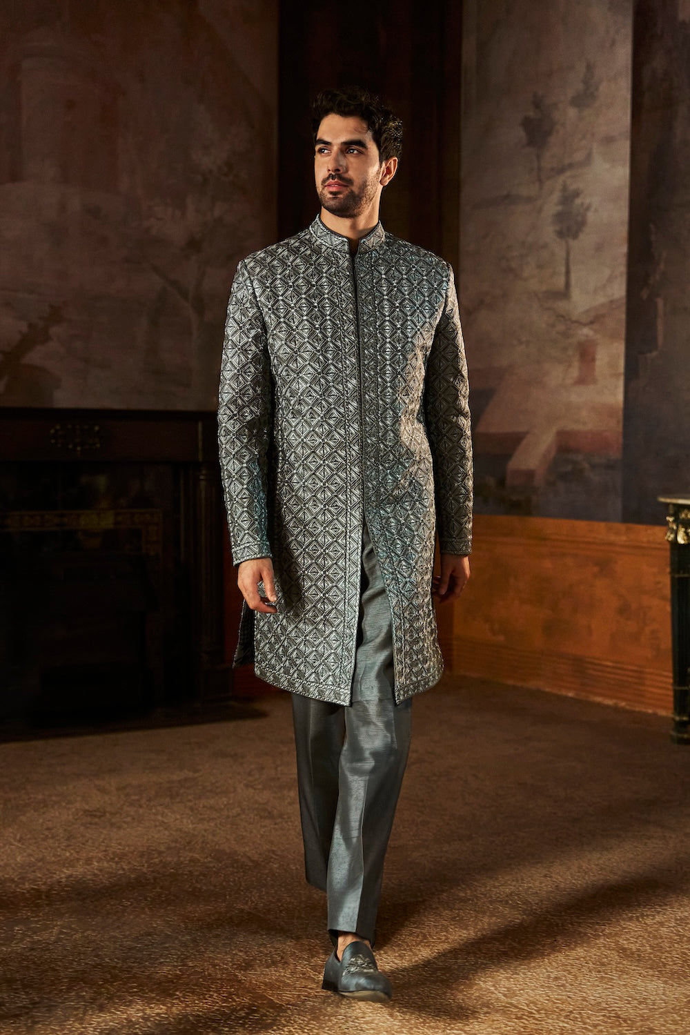 Charcoal Metallic Geometric Sherwani Set