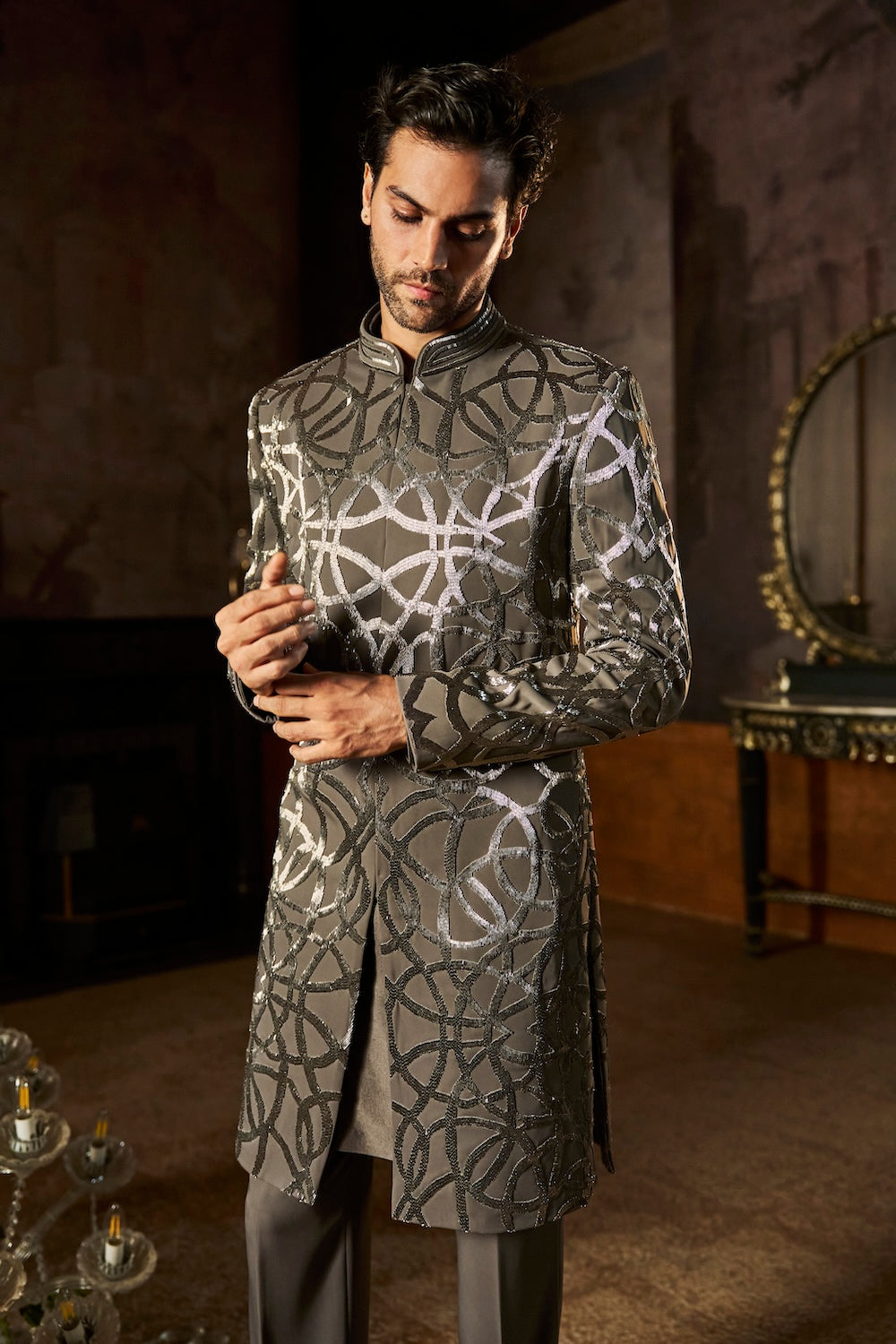Grey Metallic Sherwani Set