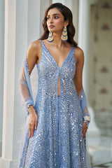 Rakul Preet in Blue Mirror Work Jacket Sharara Set
