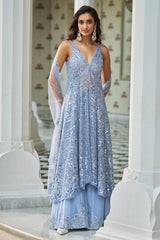 Rakul Preet in Blue Mirror Work Jacket Sharara Set