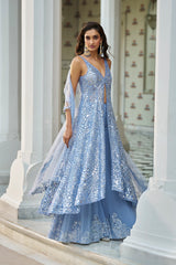 Rakul Preet in Blue Mirror Work Jacket Sharara Set