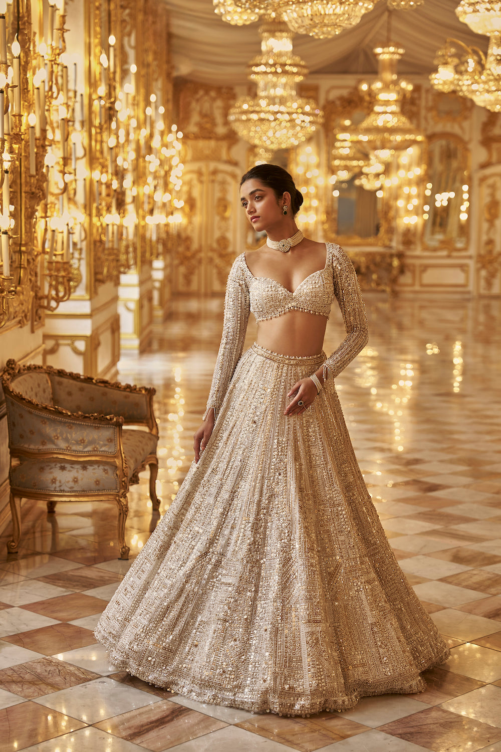 Ivory Gold Sequin Geometric Lehenga Set