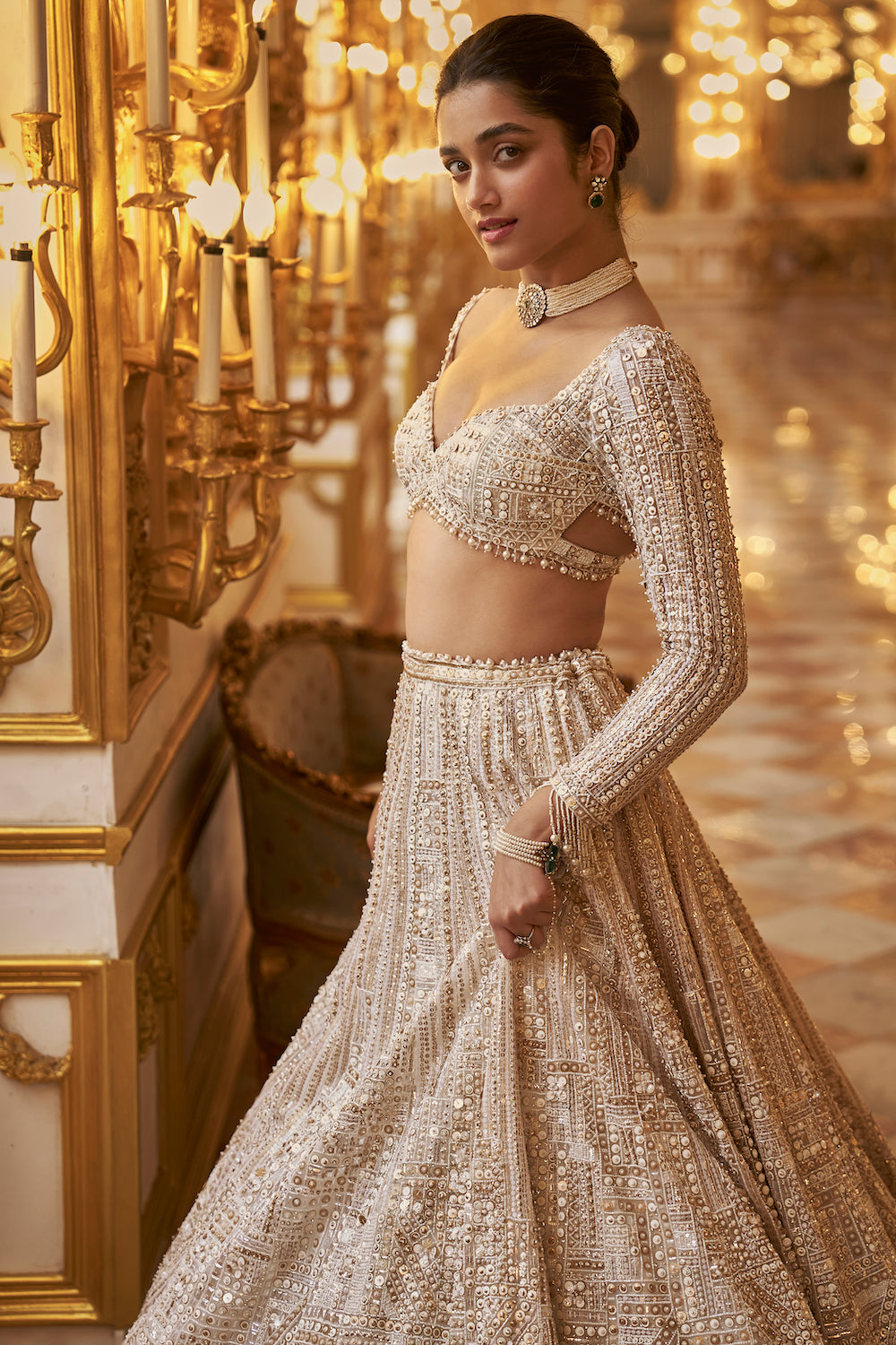 Ivory Gold Sequin Geometric Lehenga Set