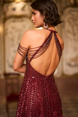 Maroon Sequin Halter Neck Gown
