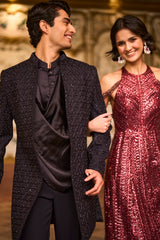 Navy Open Sherwani Set