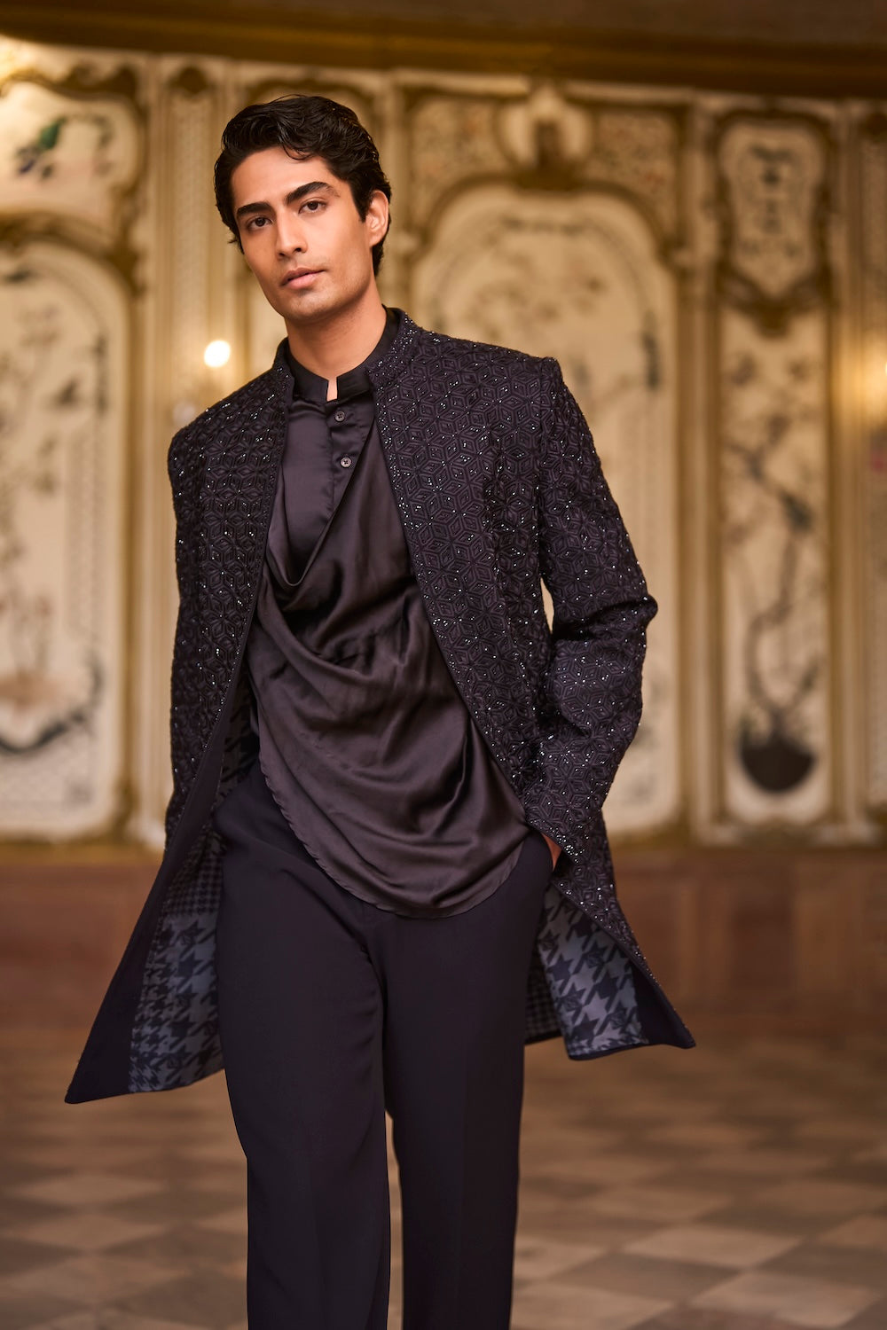 Navy Open Sherwani Set