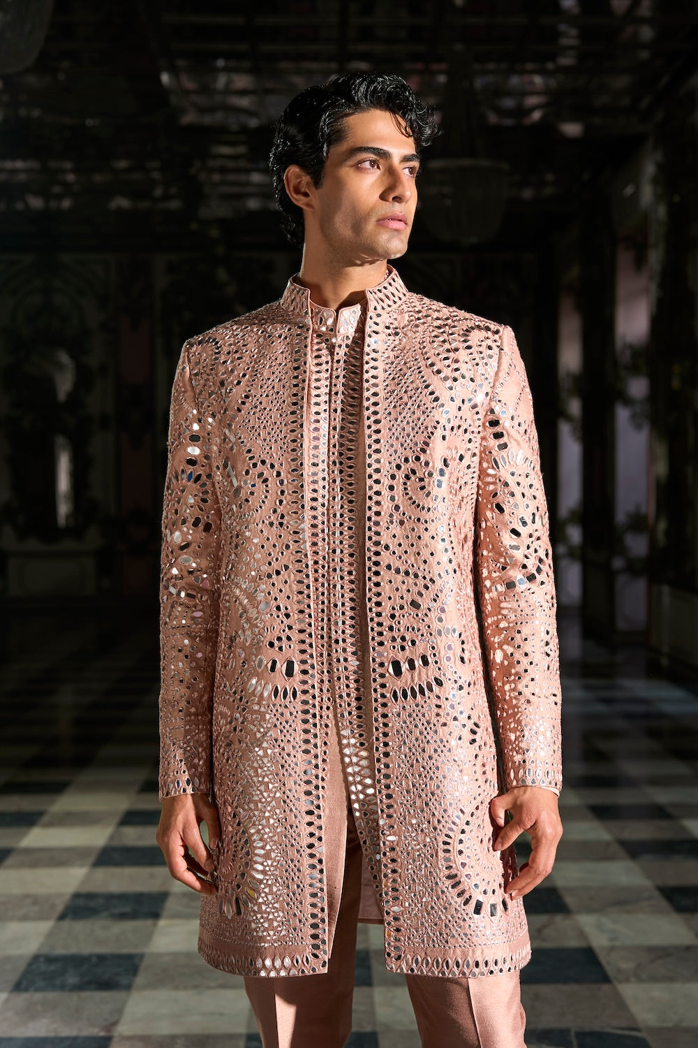 Rose Gold Mirror Work Sherwani Set
