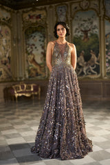 Metallic Antique Silver 3D Gown