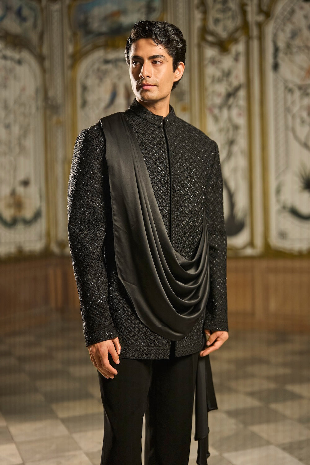 Black Draped Bandhgala Set