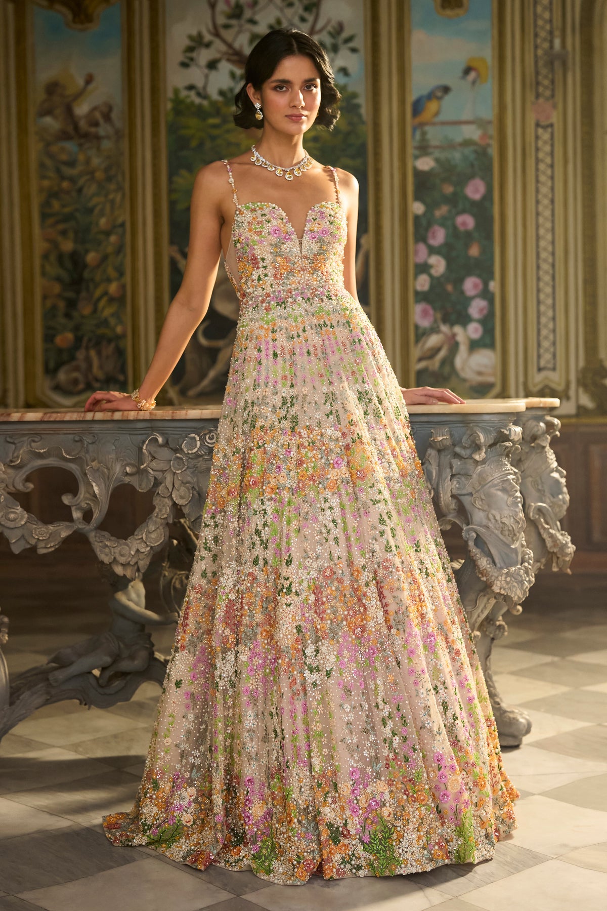 Nude Multi-Coloured Floral Gown
