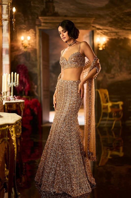 Antique Gold Crystal Fit & Flare Skirt Set