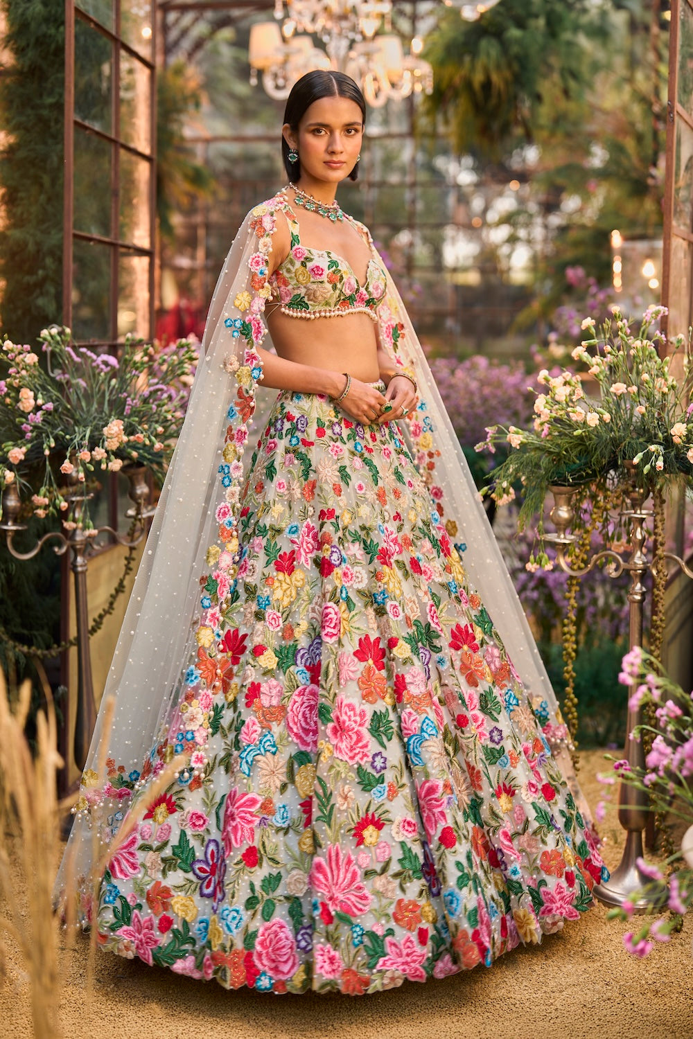 Multi-Coloured Floral Lehenga Set
